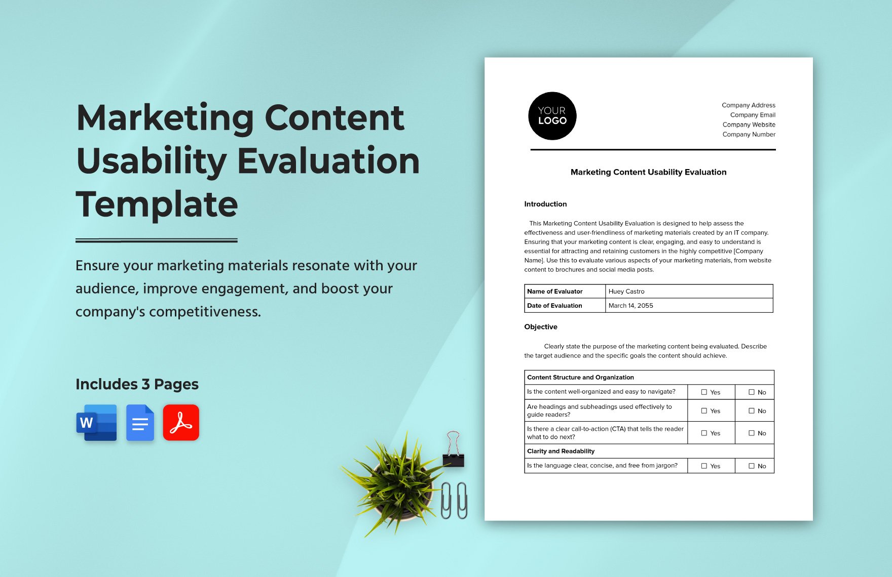 Marketing Content Usability Evaluation Template in Word, Google Docs, PDF