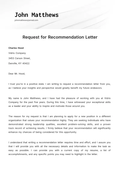 Free Request for Recommendation Letter  Template to Edit Online