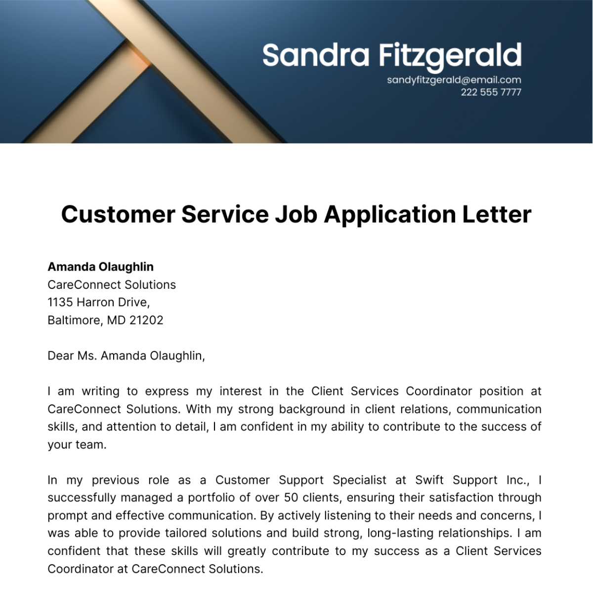 Customer Service Job Application Letter  Template