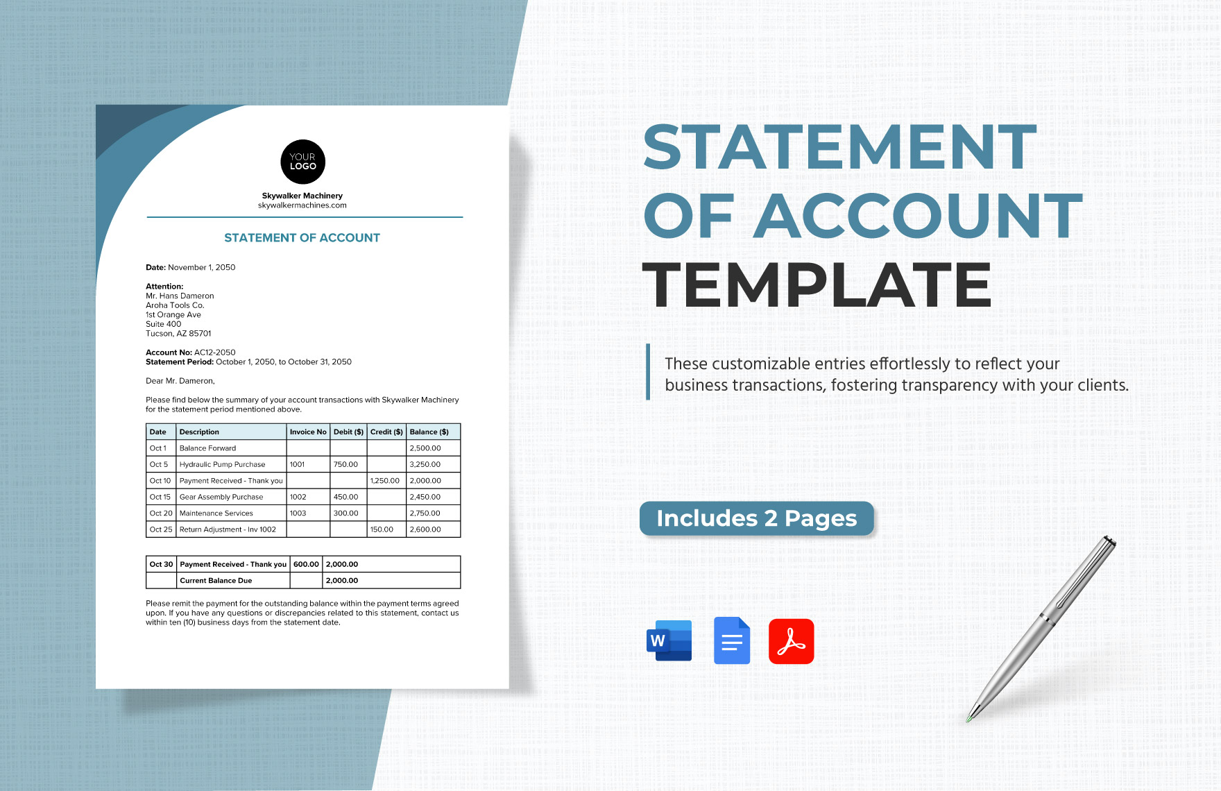 Statement of Account Template in Word, PDF, Google Docs - Download | Template.net