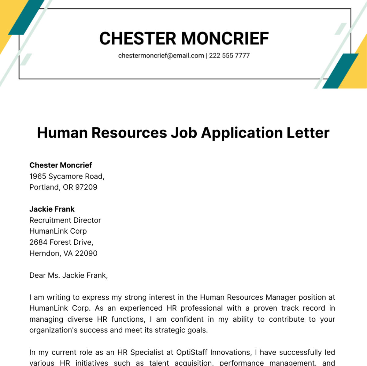 Human Resources Job Application Letter  Template