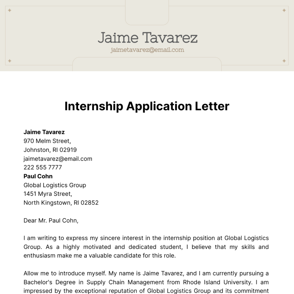 Internship Application Letter  Template - Edit Online & Download