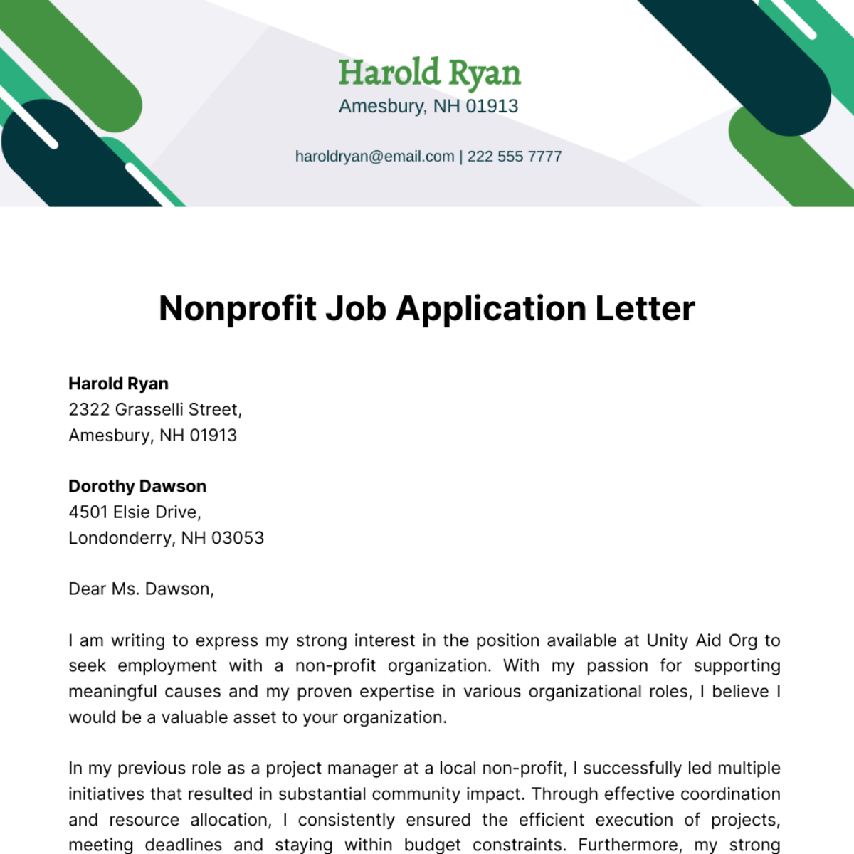 Nonprofit Job Application Letter  Template