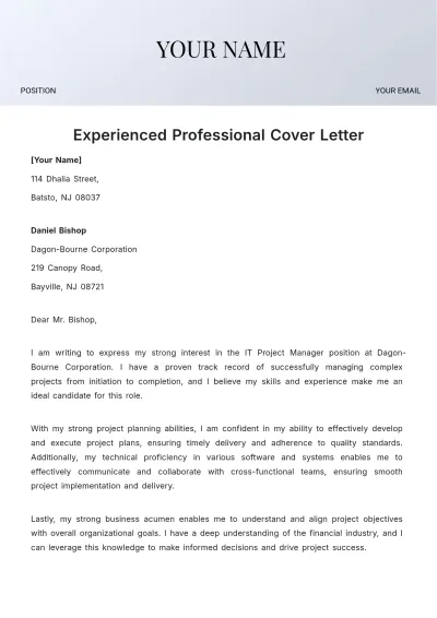 Free Experienced Professional Cover Letter  Template to Edit Online