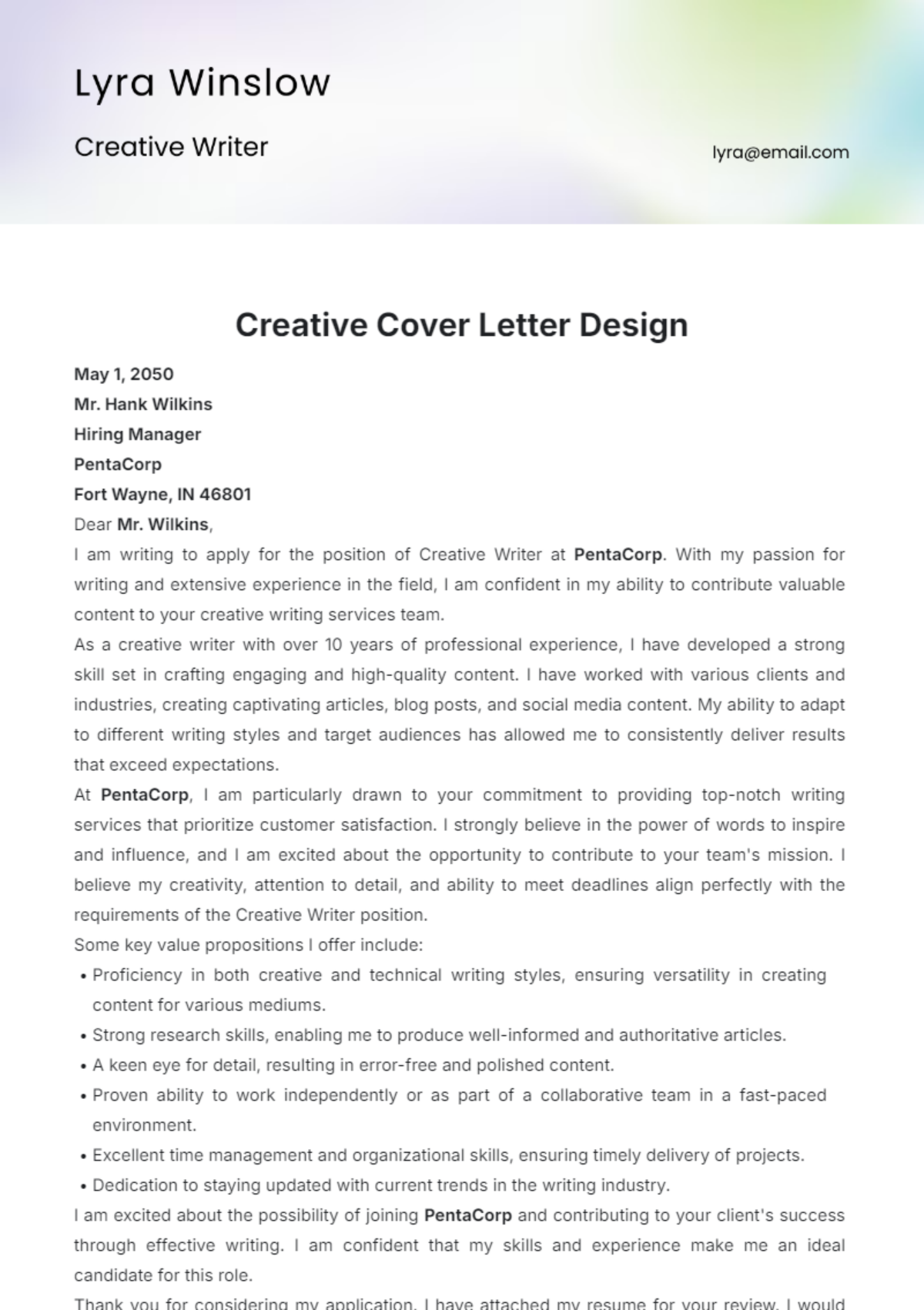 Creative Cover Letter Design Template - Edit Online & Download