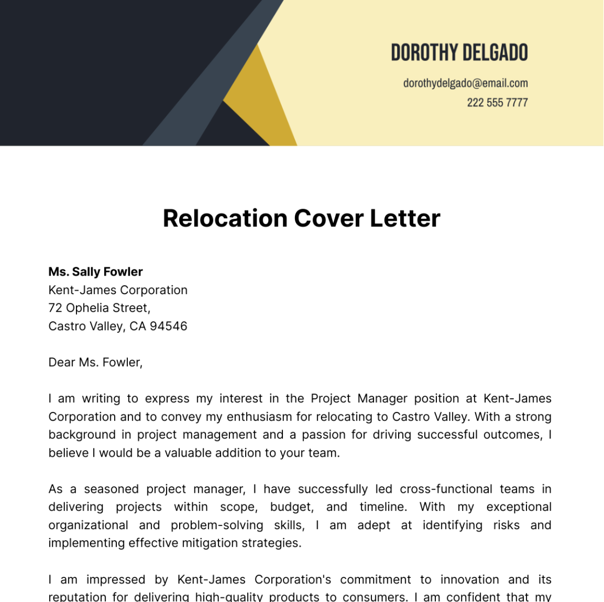 cover letter for relocation position