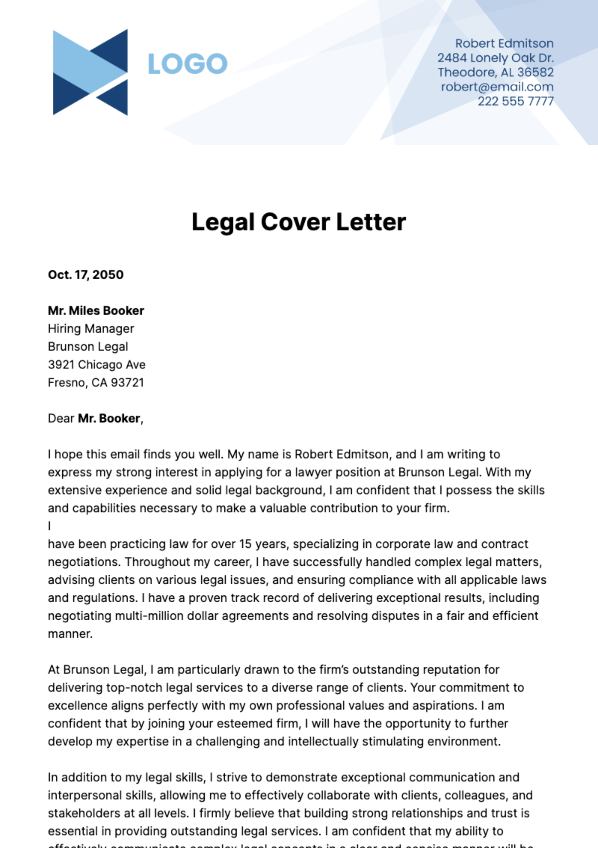 Free Legal Cover Letter  Template
