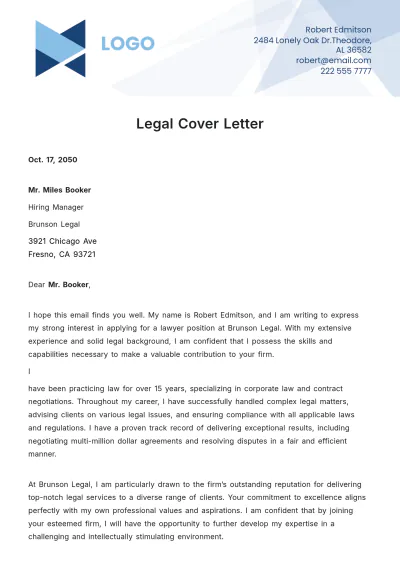 Free Legal Cover Letter  Template to Edit Online