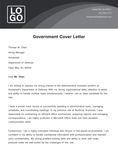 Free Government Cover Letter  Template to Edit Online