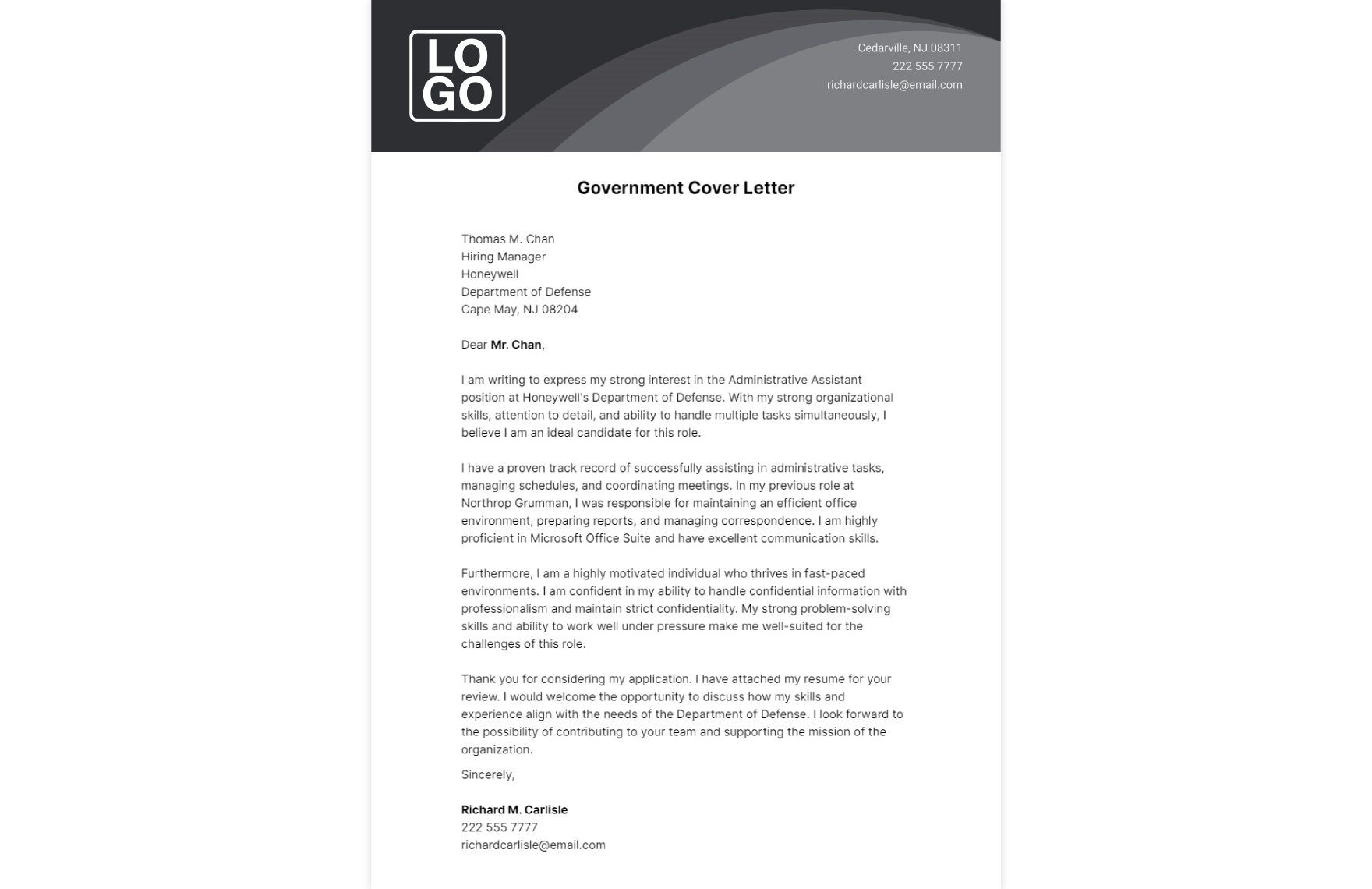 Government Cover Letter  Template
