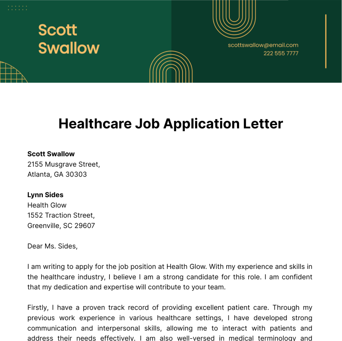 Healthcare Job Application Letter  Template