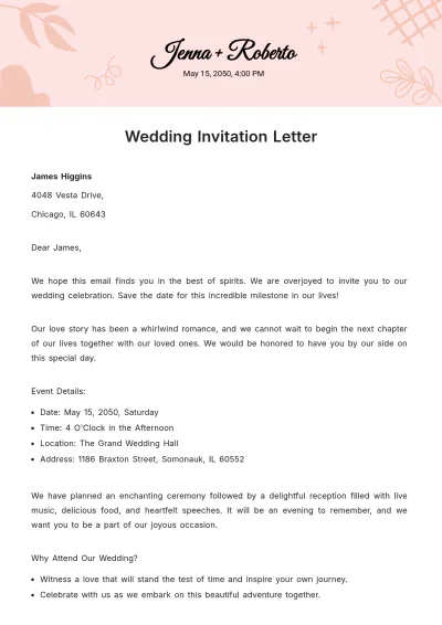 Free Wedding Invitation Letter  Template to Edit Online