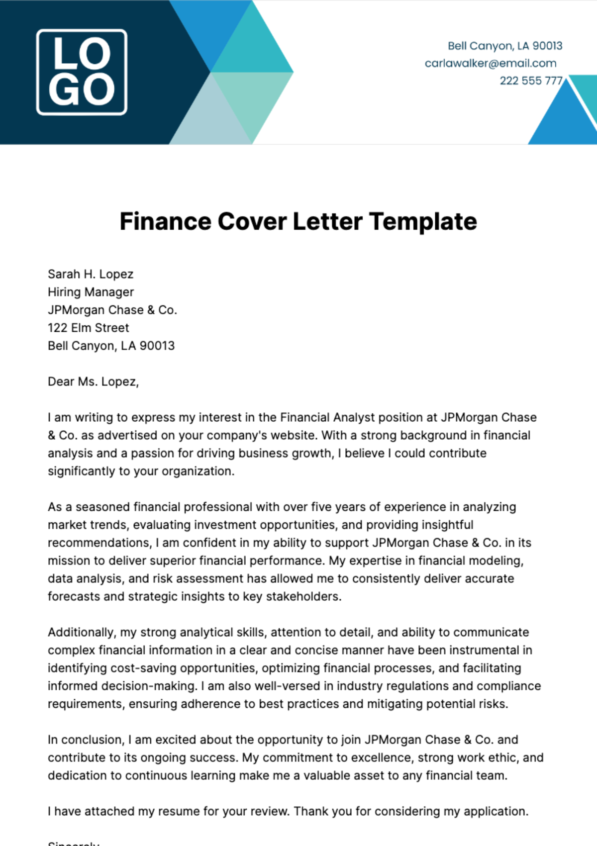 Free Finance Cover Letter  Template