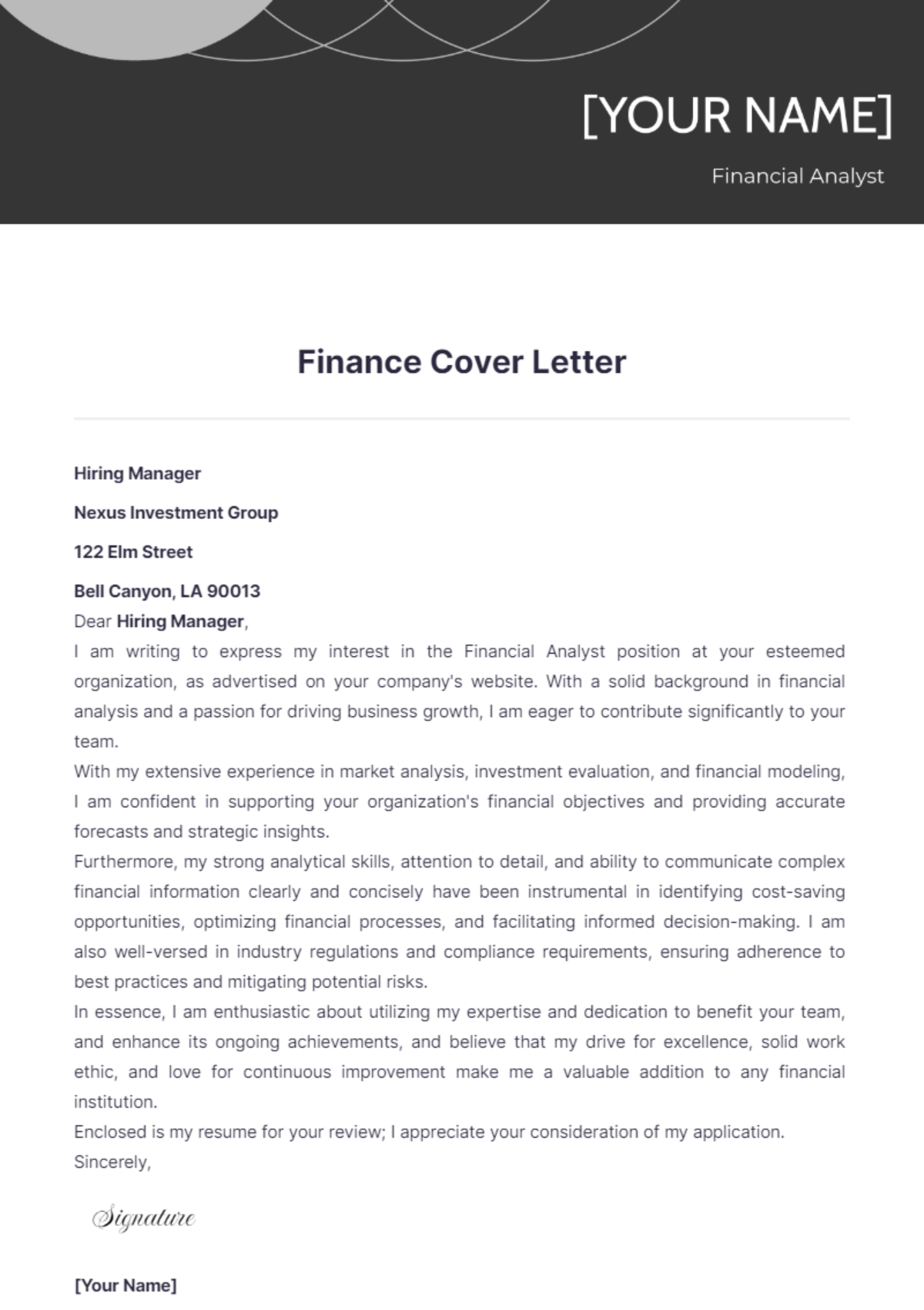 cover letter template for finance manager