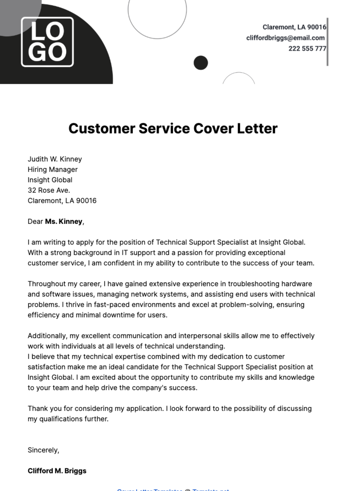 Free Customer Service Cover Letter  Template