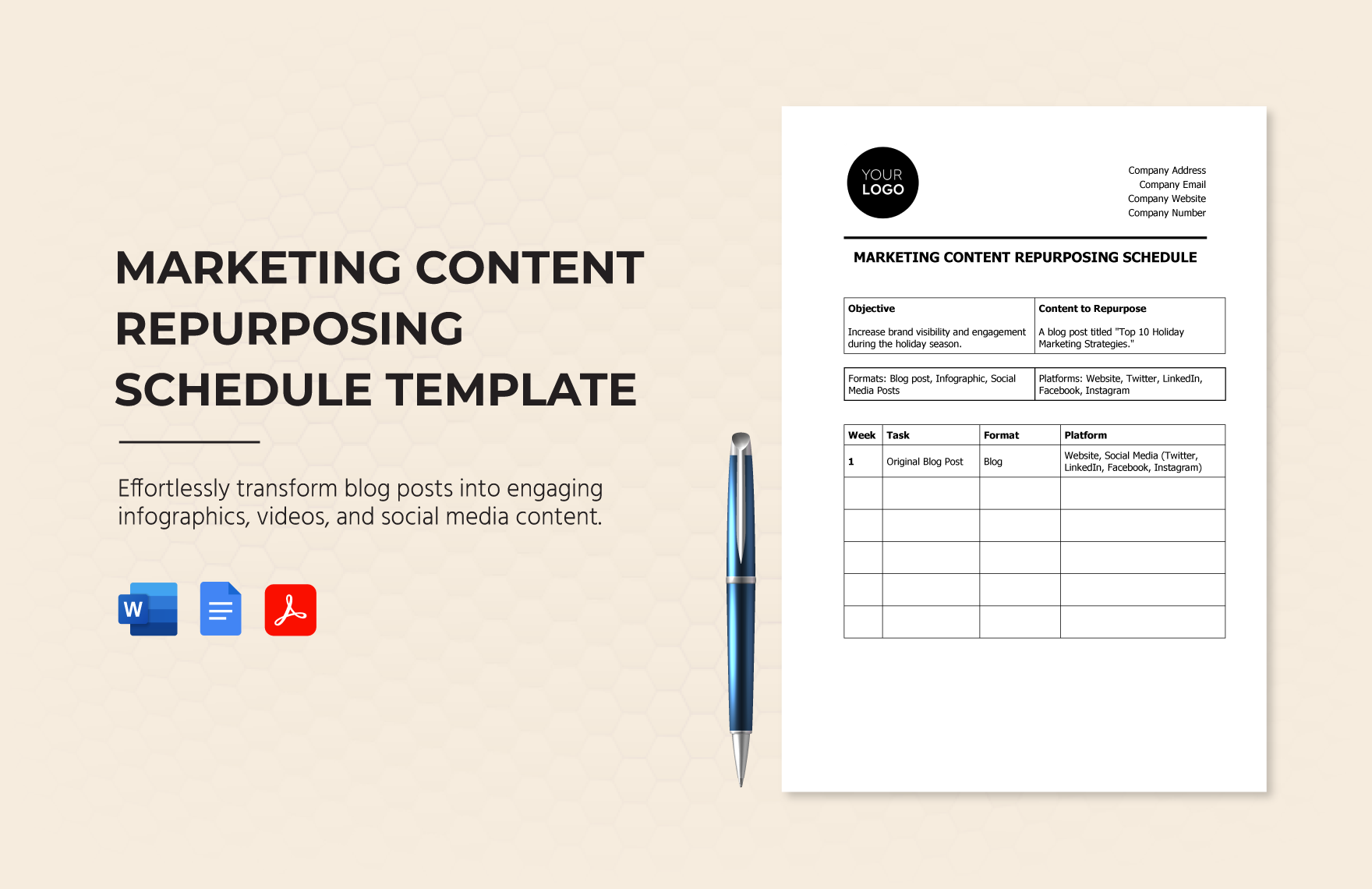 Marketing Content Repurposing Schedule Template in Word, Google Docs, PDF