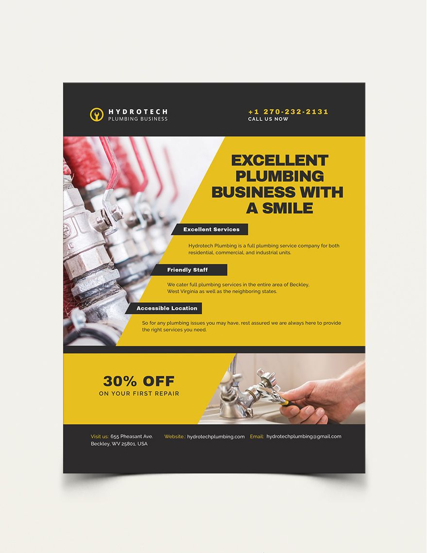 Plumbing Business Flyer Template in Word, Google Docs, Illustrator, PSD, Apple Pages, Publisher, InDesign