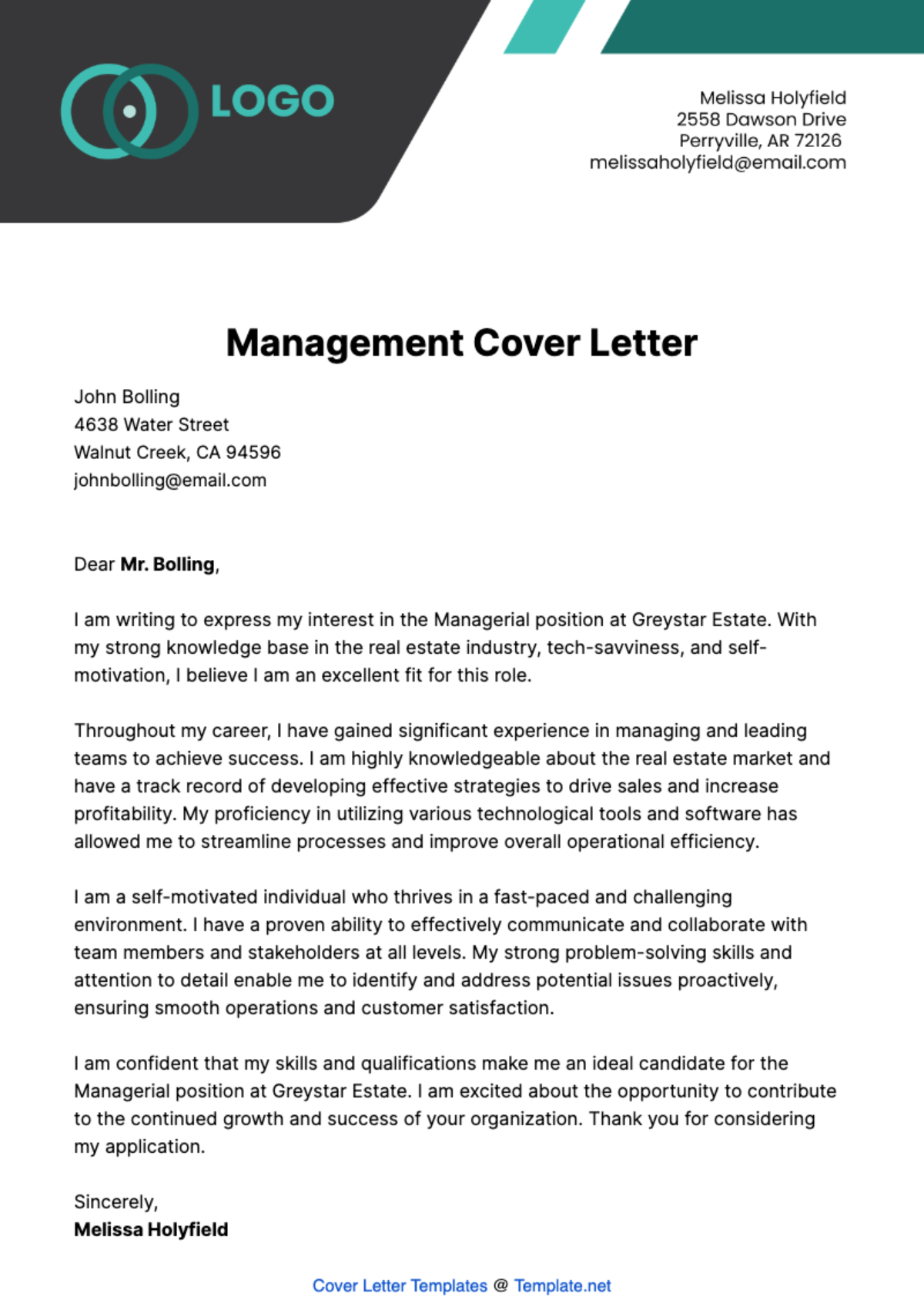 Management Cover Letter  Template