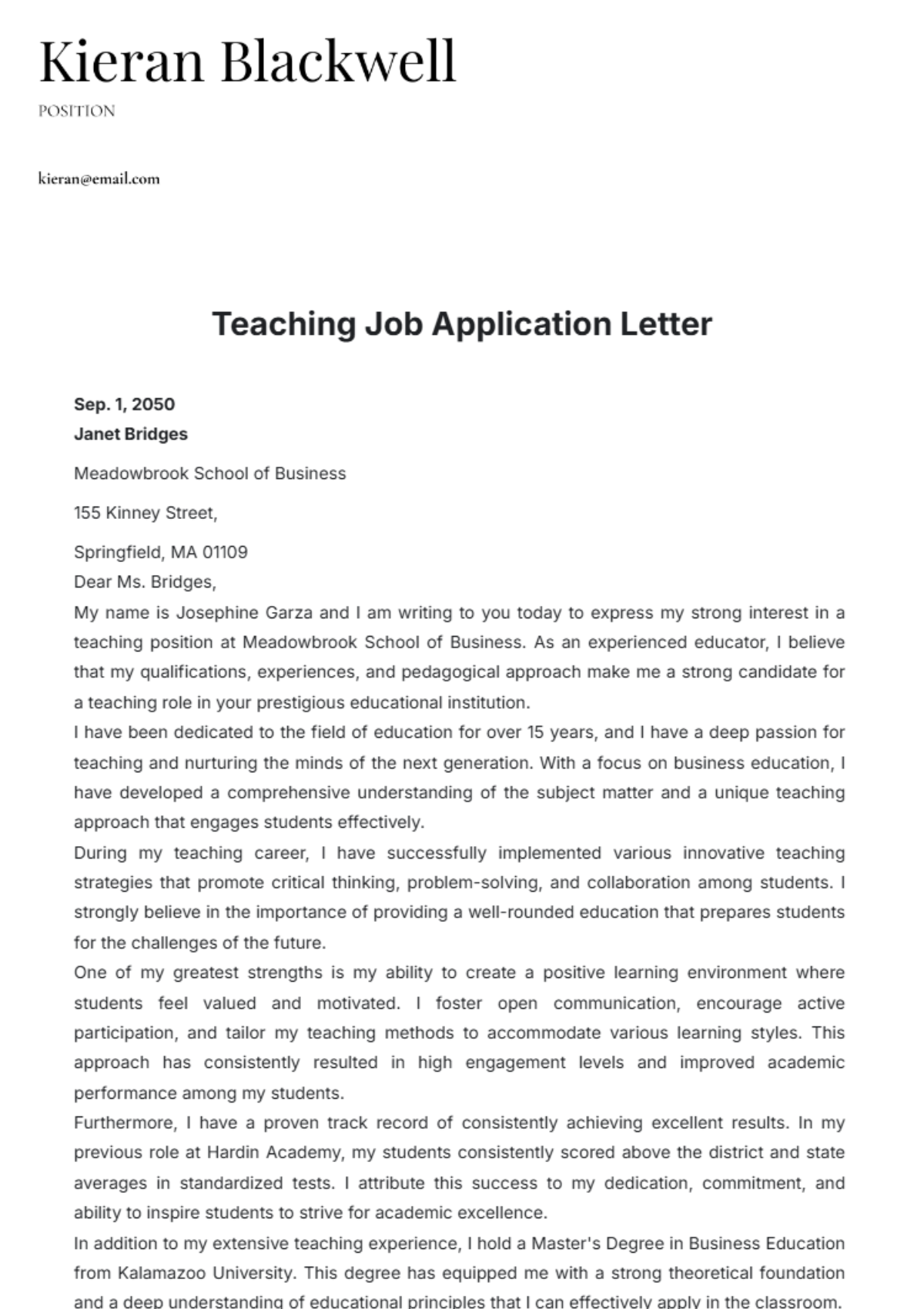 Teaching Job Application Letter Template - Edit Online & Download