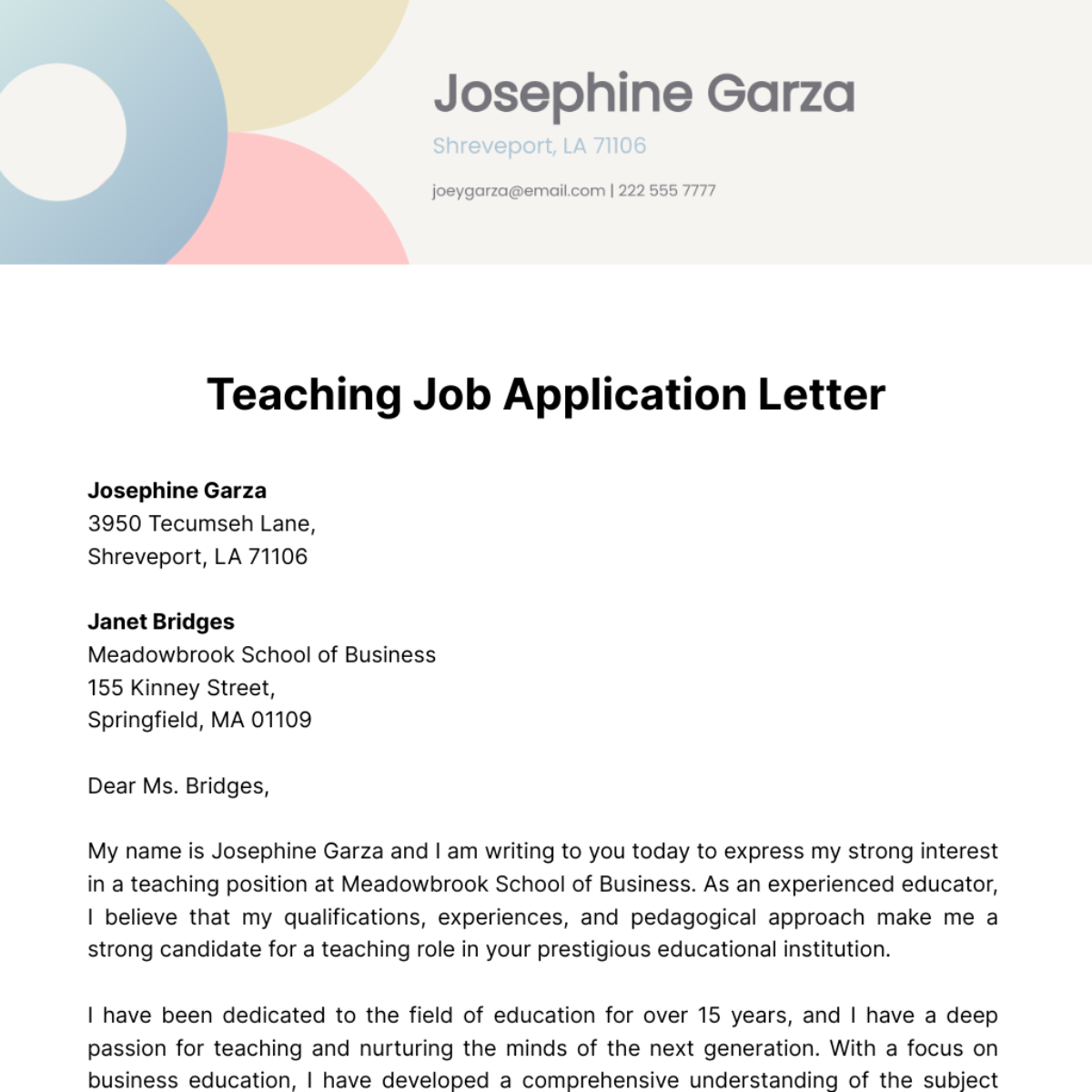 Teaching Job Application Letter  Template