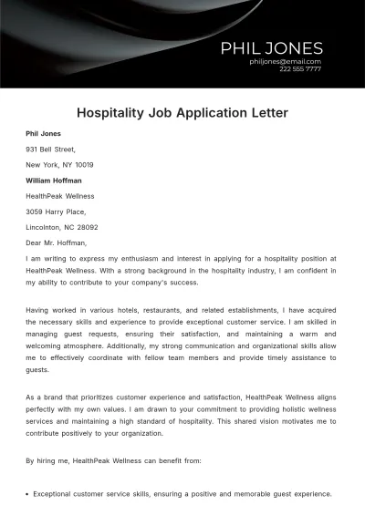 Free Hospitality Job Application Letter  Template to Edit Online