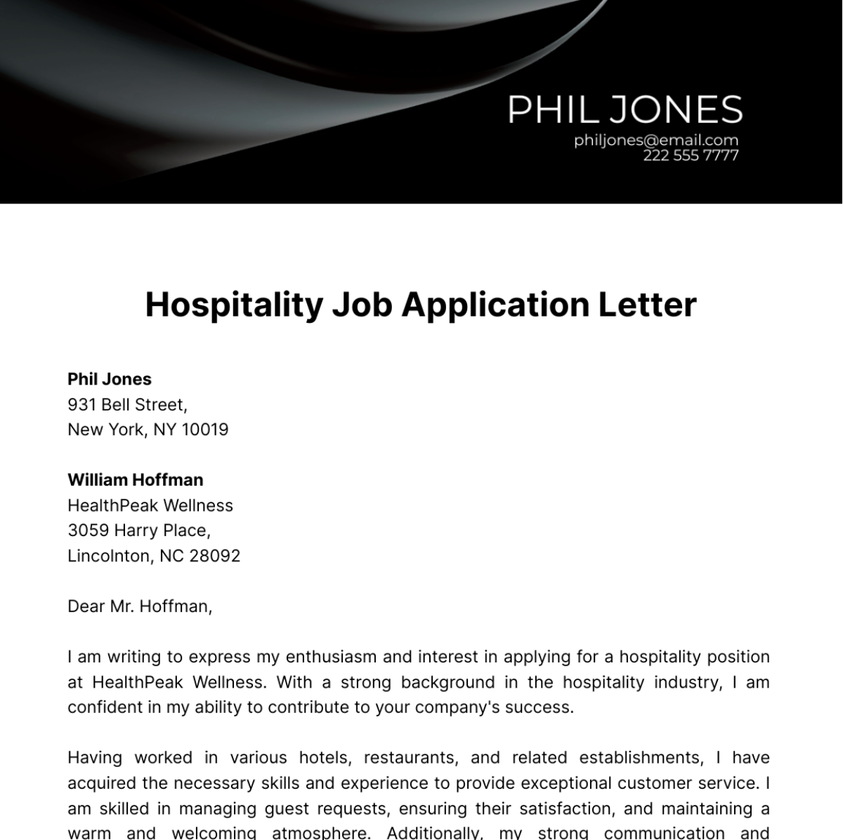 Hospitality Job Application Letter  Template