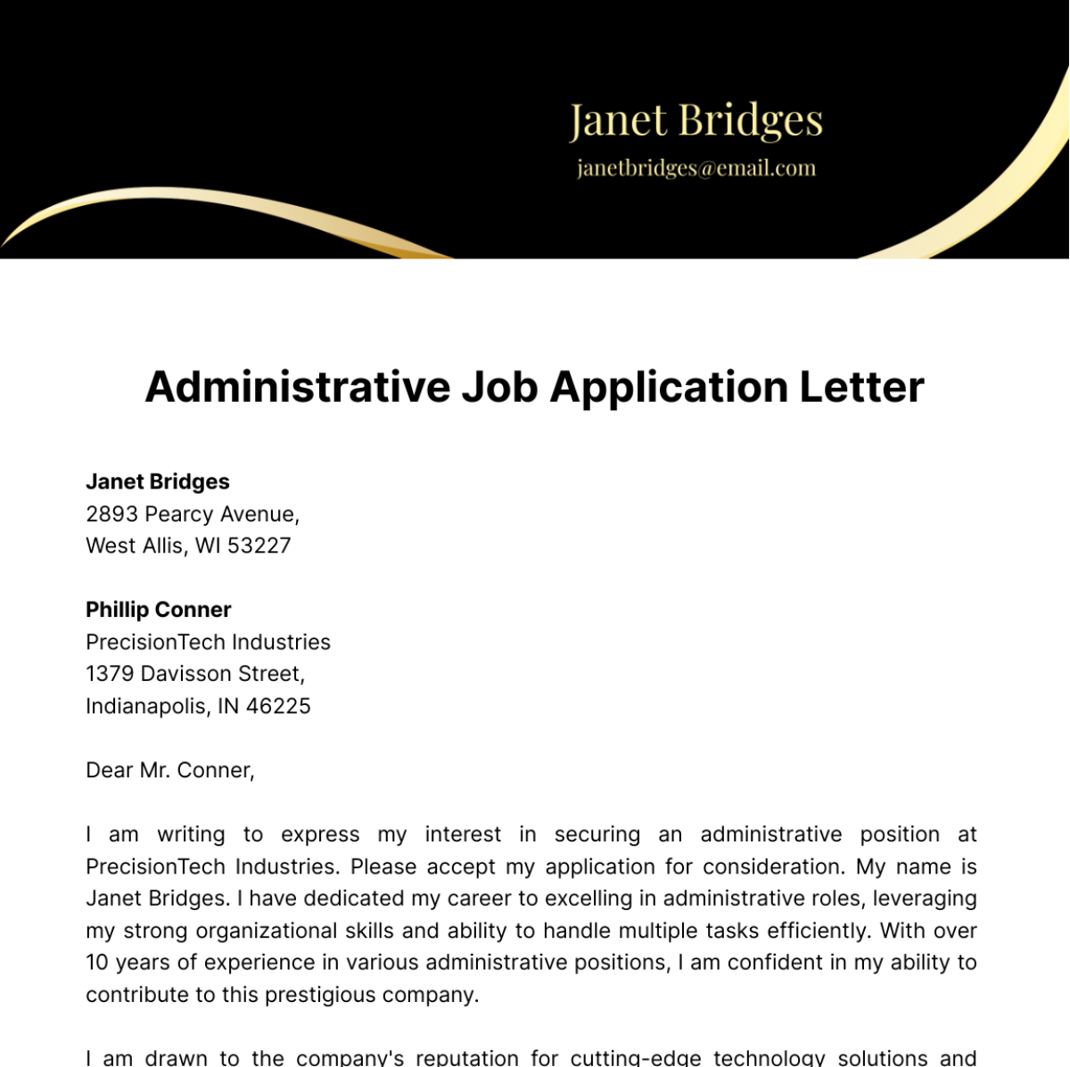 Administrative Job Application Letter  Template