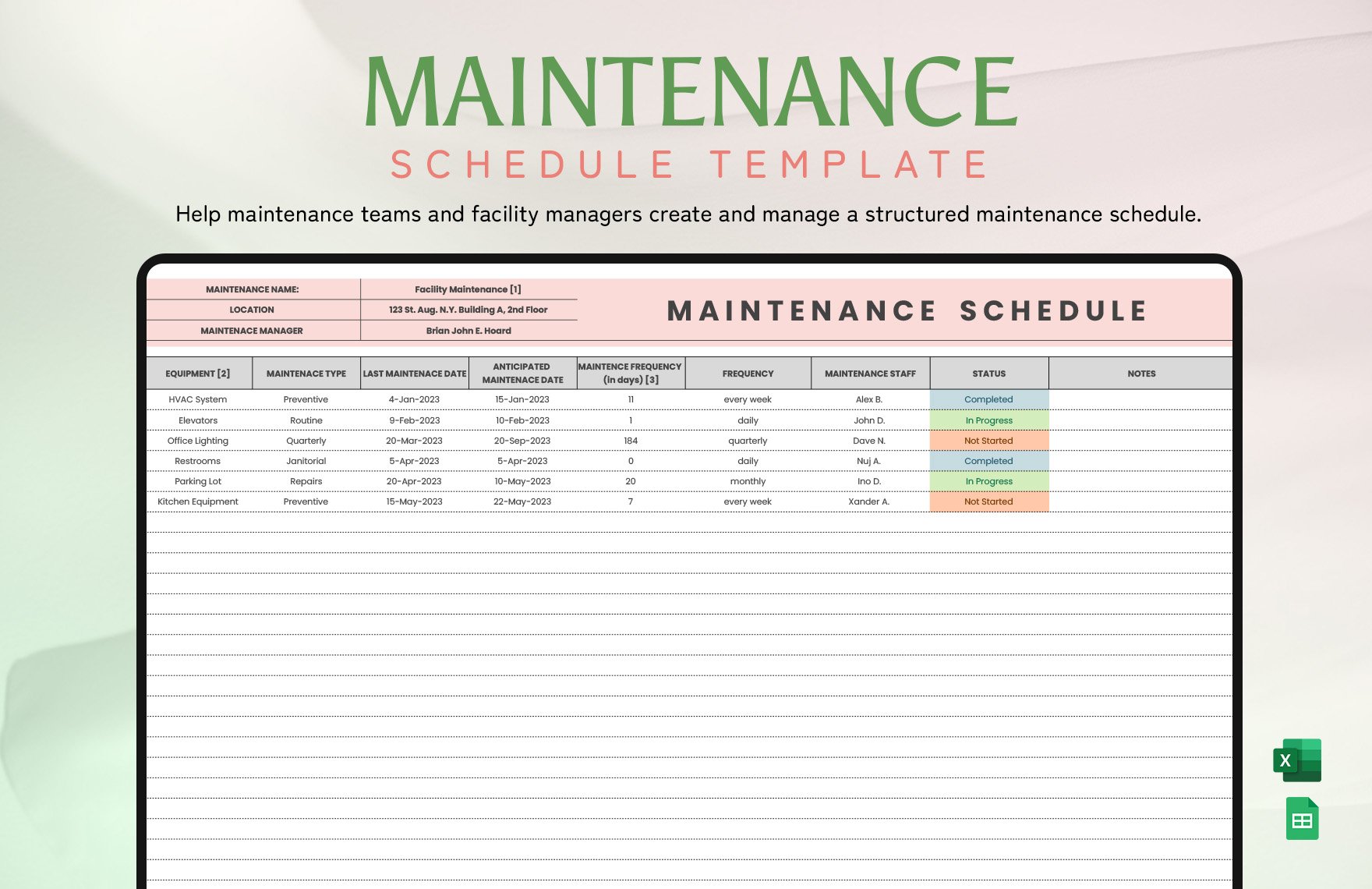 Free Maintenance Schedule Template in Excel, Google Sheets