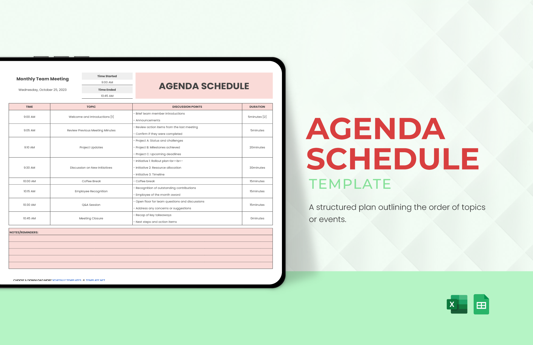 Agenda Schedule Template in Excel, Google Sheets