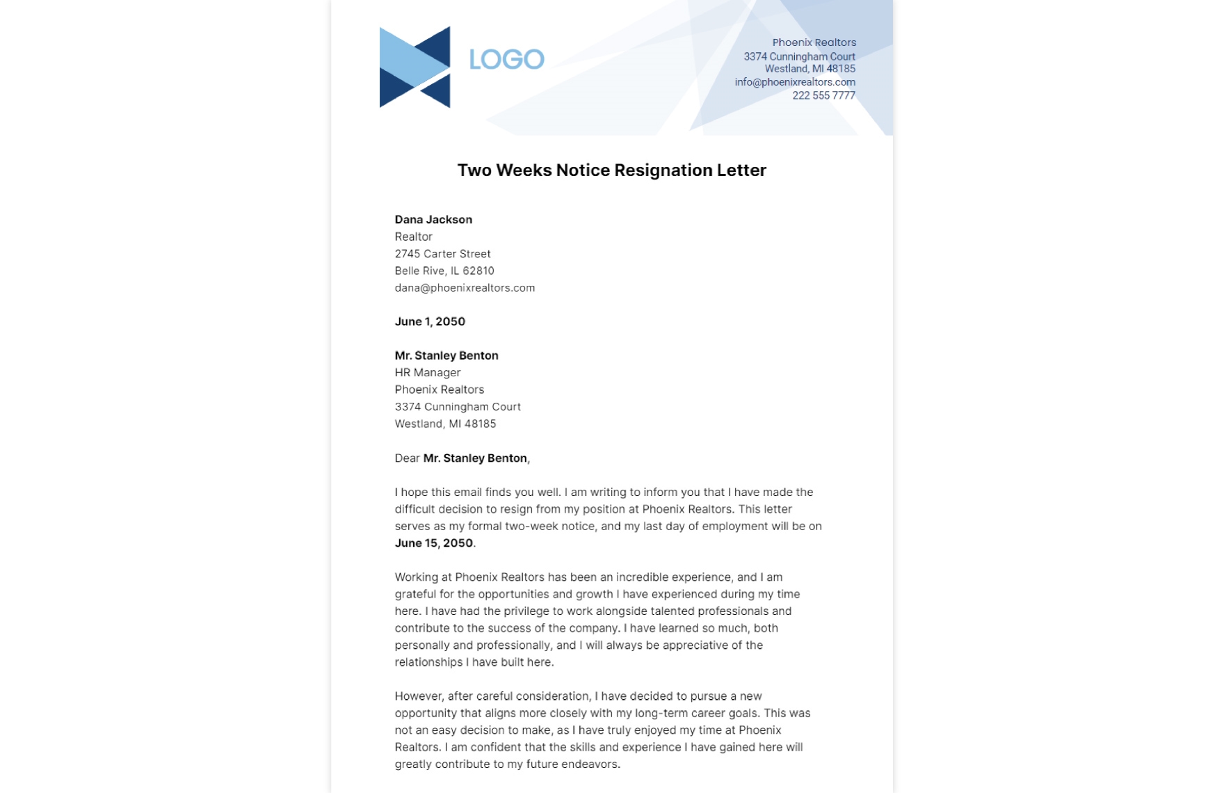 Two Weeks' Notice Resignation Letter Template
