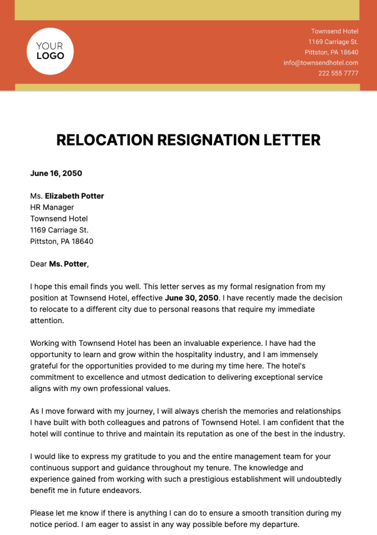 Relocation Resignation Letter  Template