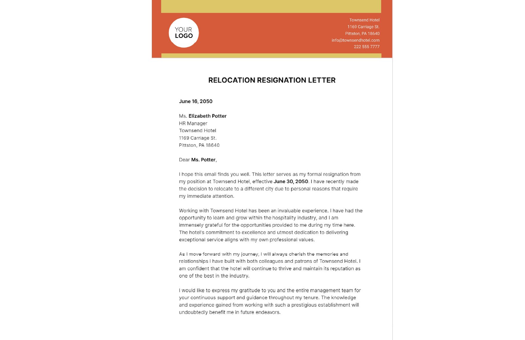 Relocation Resignation Letter  Template