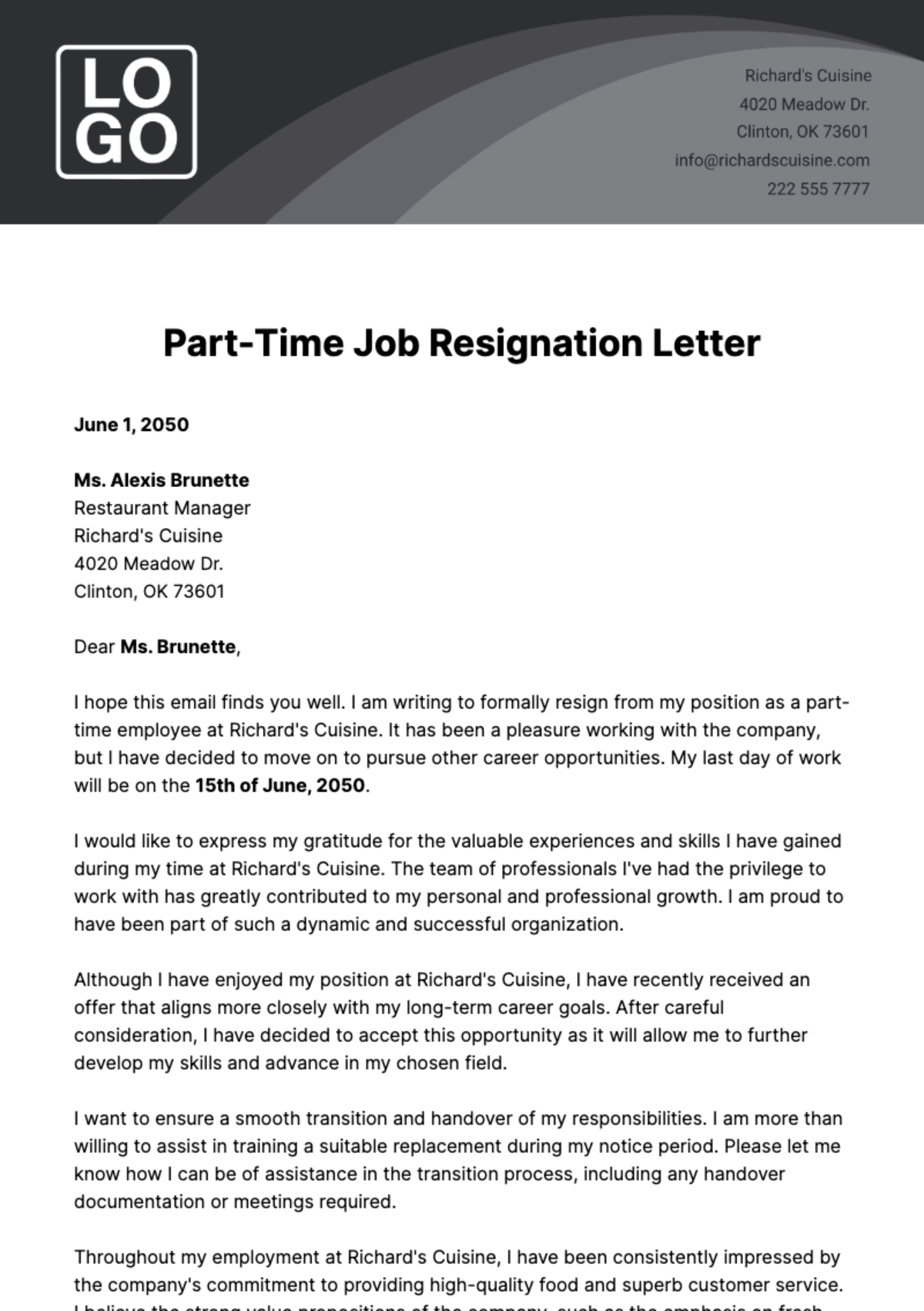 Part-Time Job Resignation Letter  Template