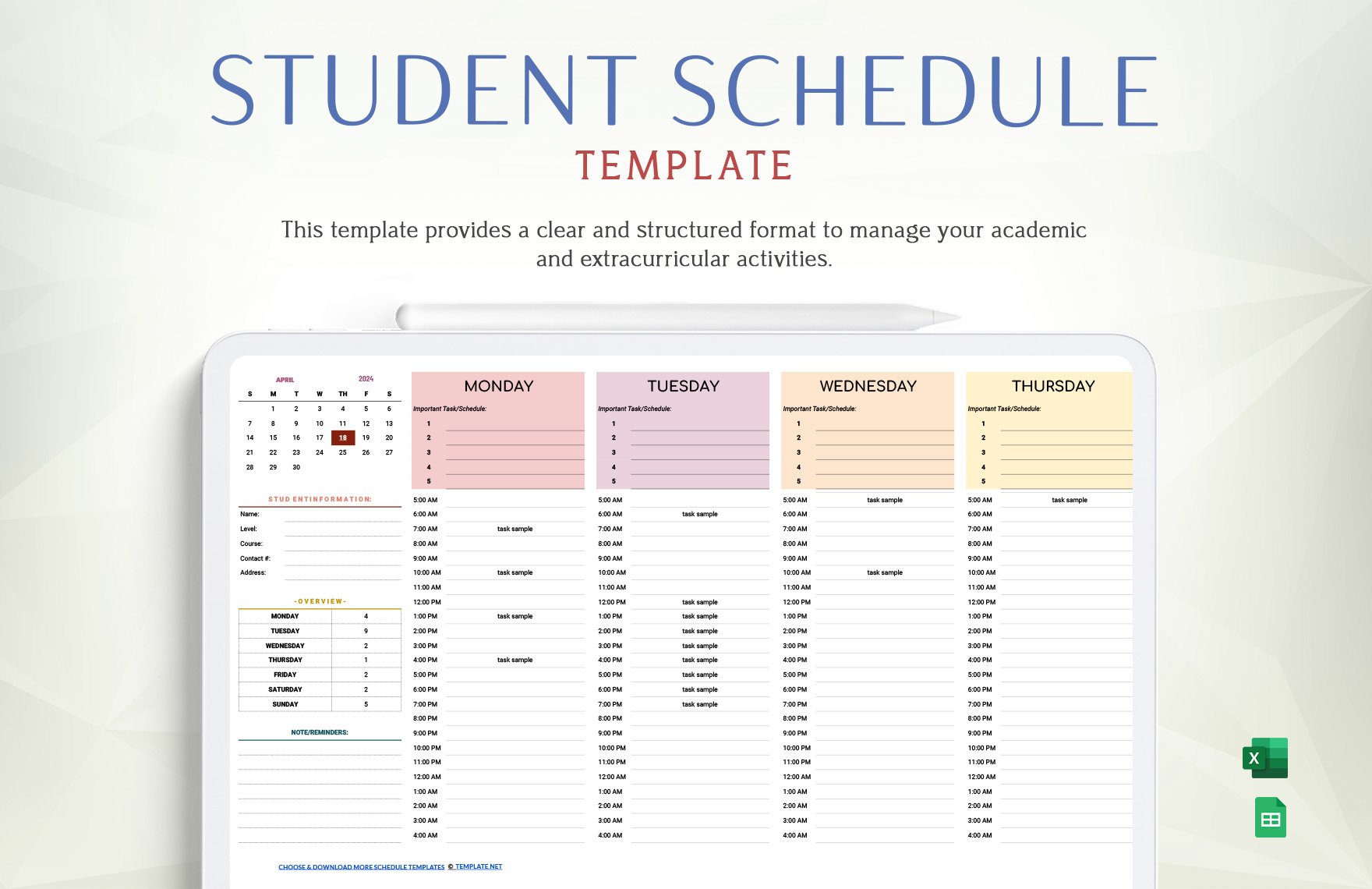 Free Student Schedule Template in Excel, Google Sheets