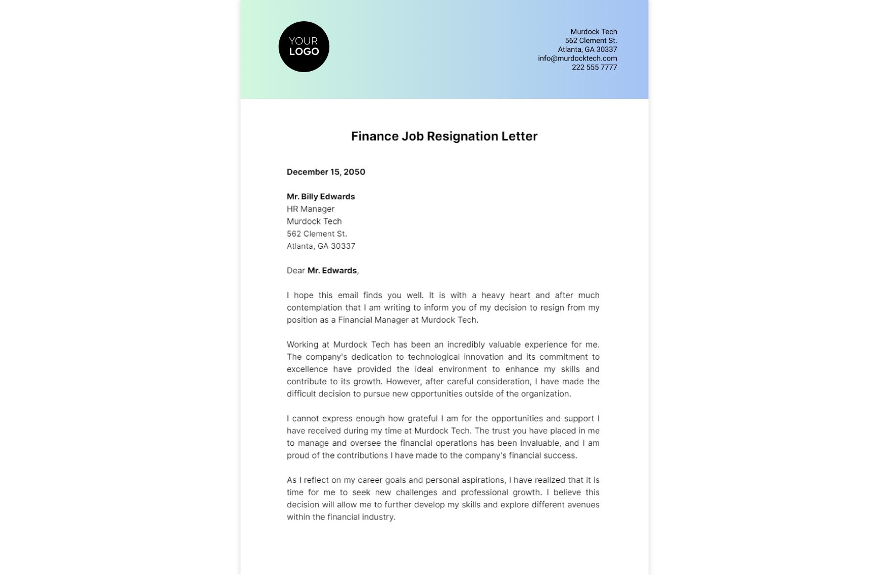 Finance Job Resignation Letter Template
