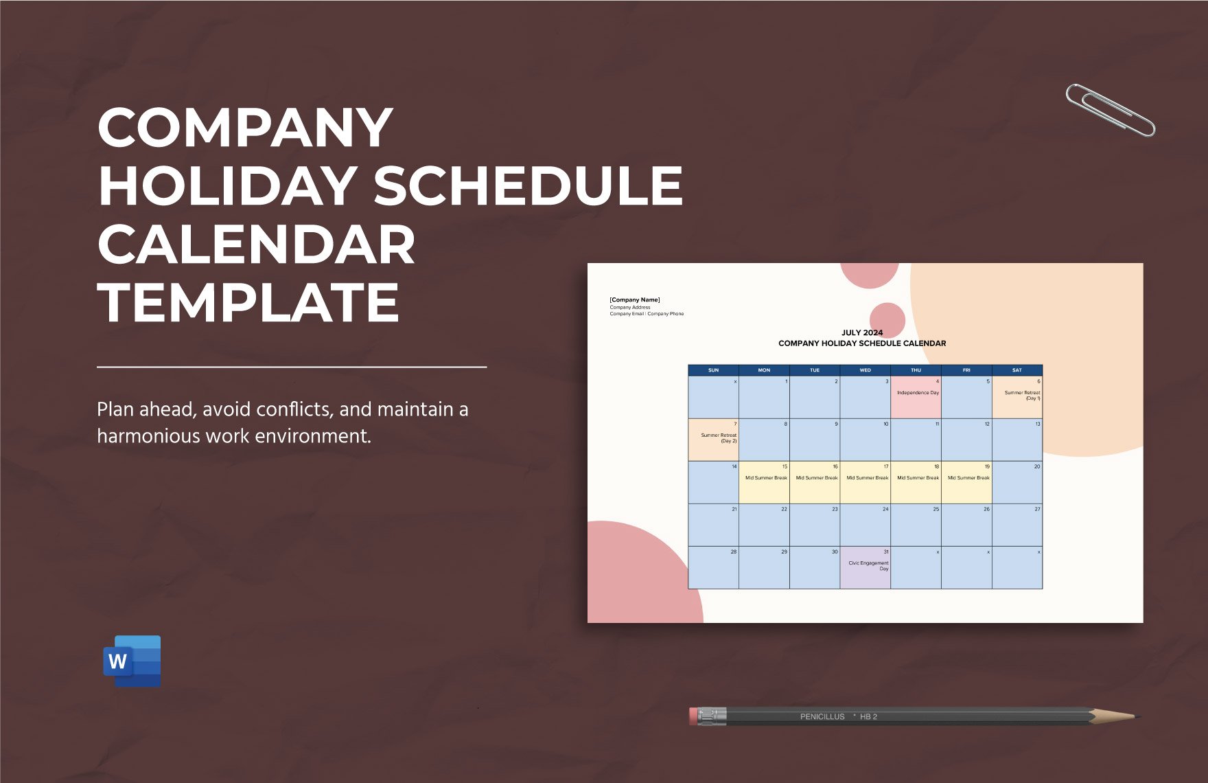 Company Holiday Schedule Calendar Template Download in Word