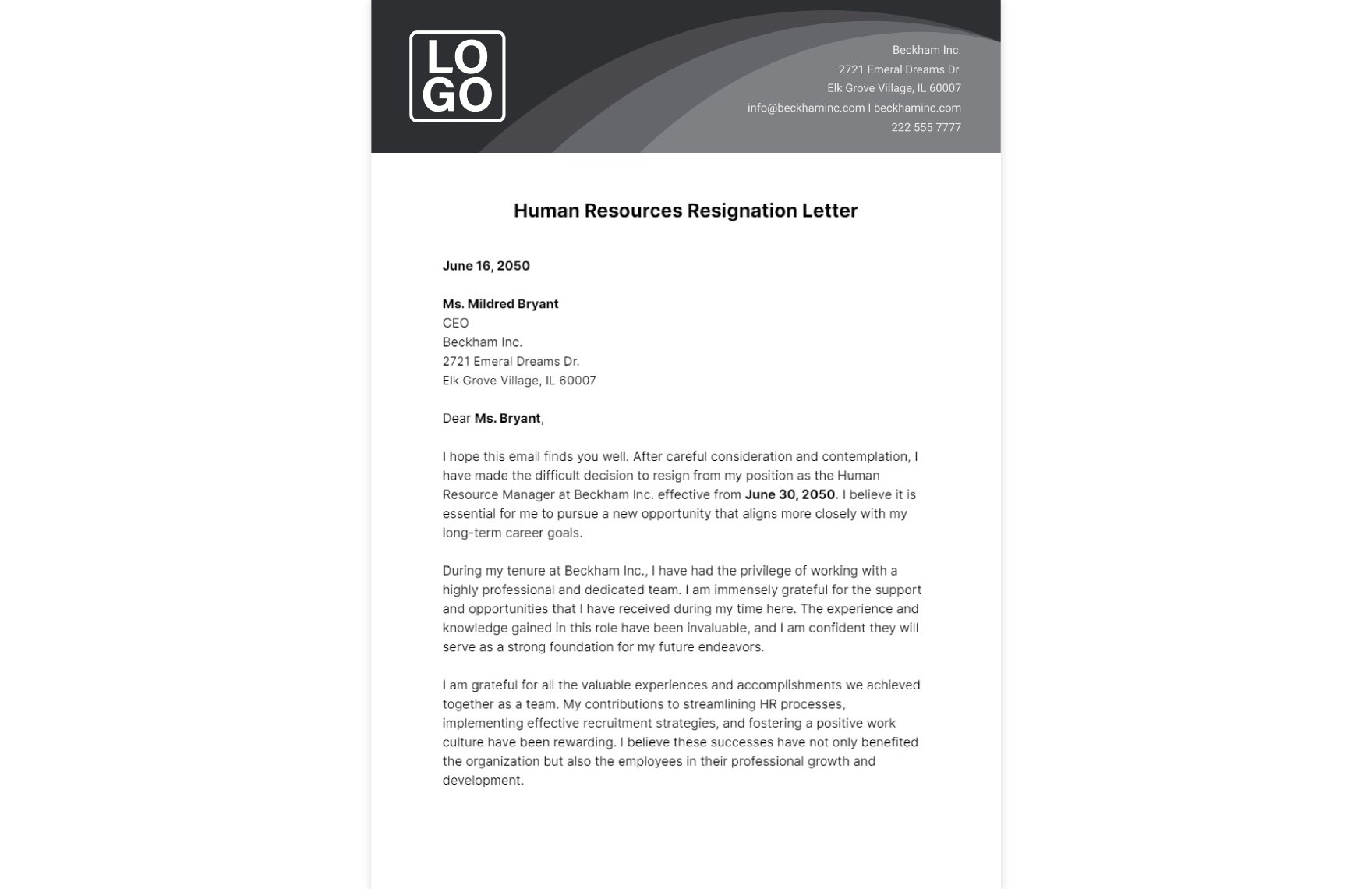 Human Resources Resignation Letter Template