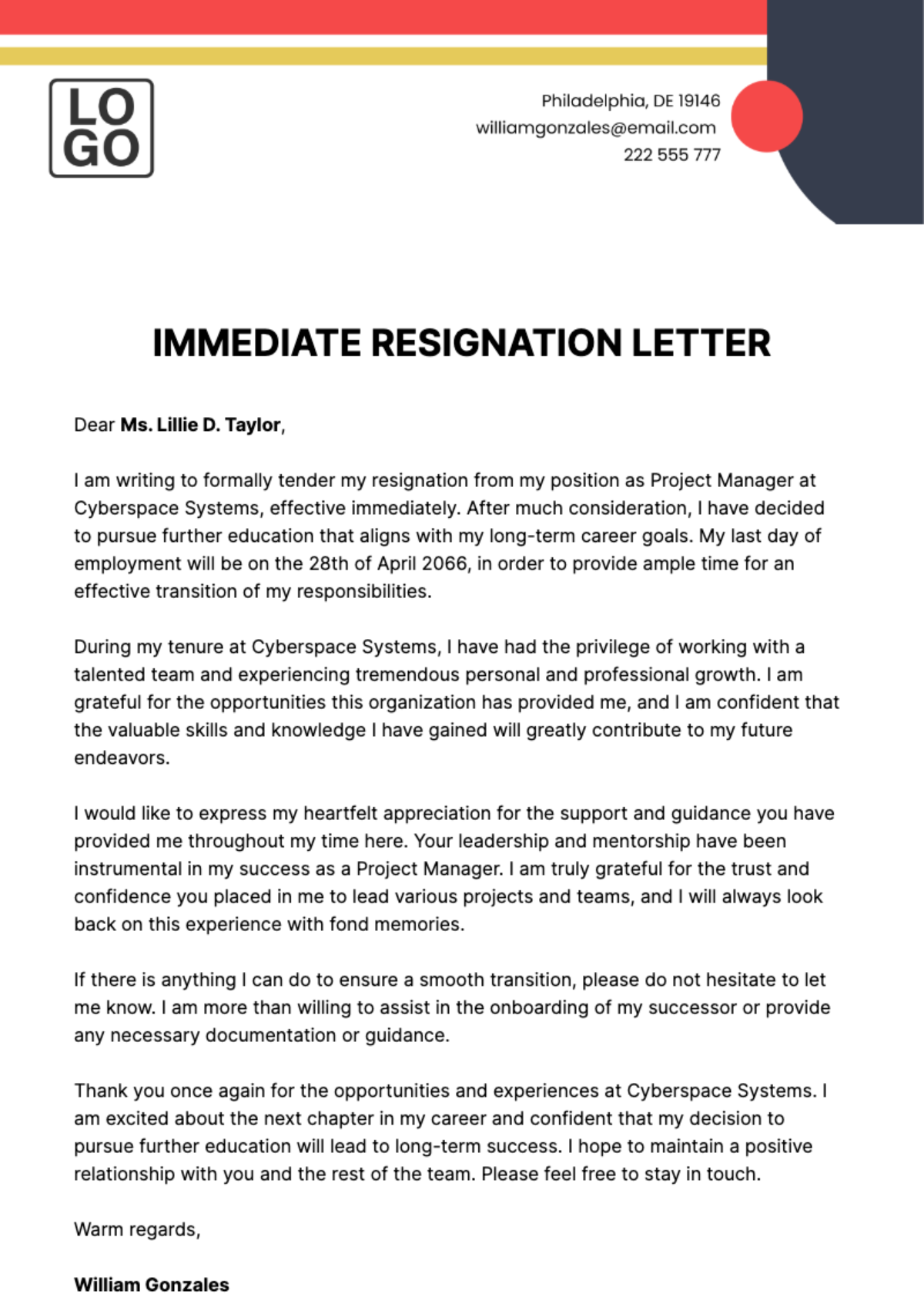 Immediate Resignation Letter  Template