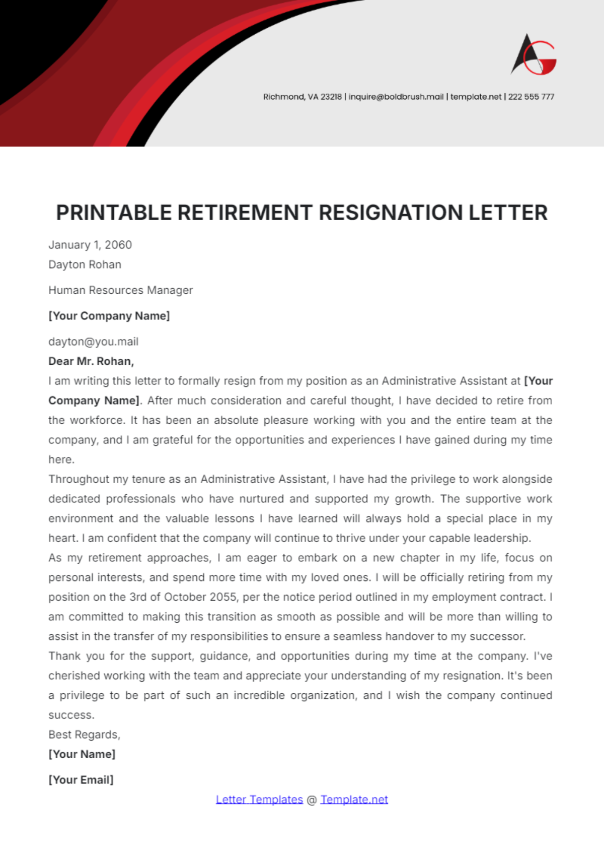 Printable Retirement Resignation Letter Template - Edit Online & Download