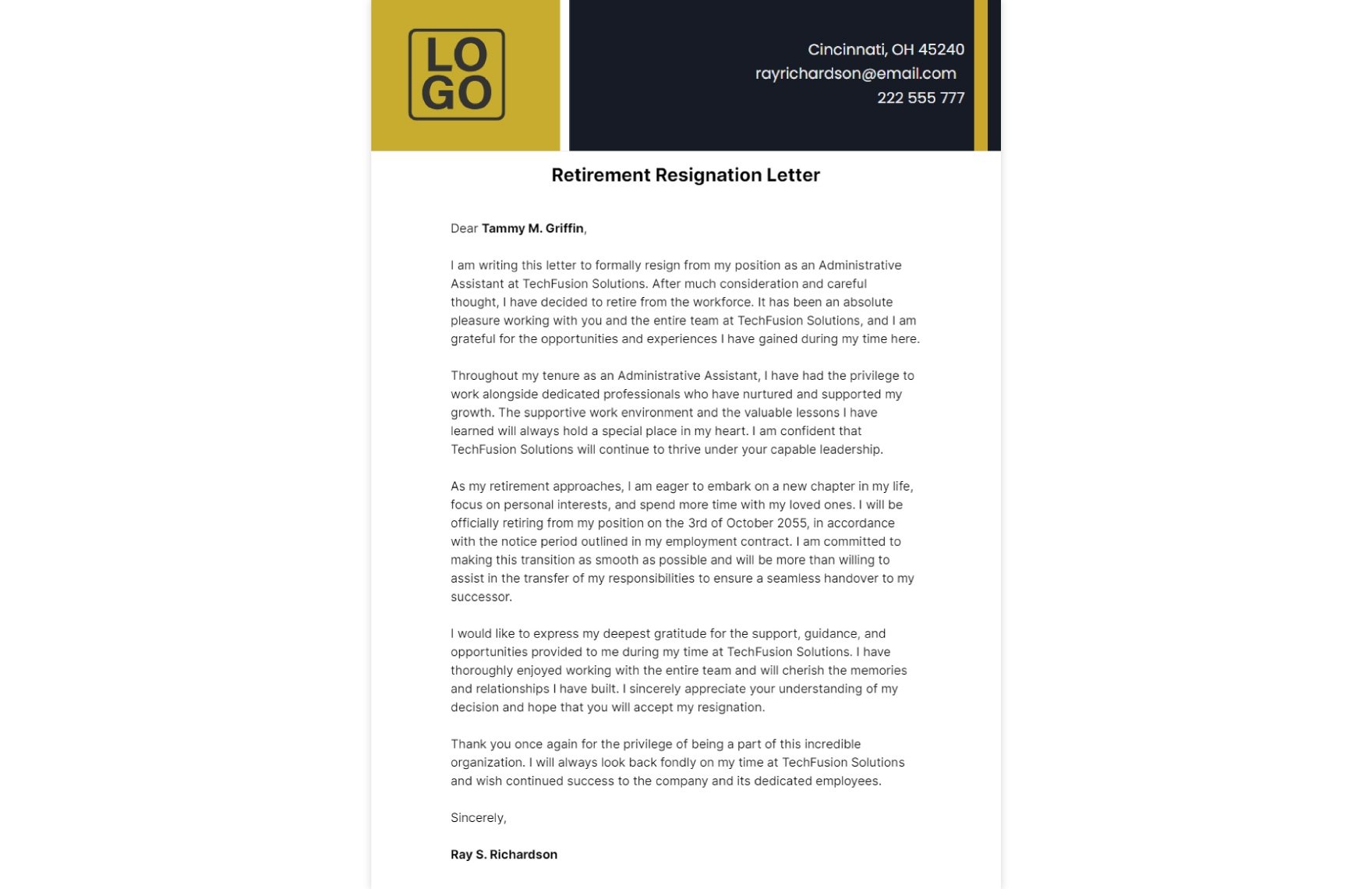 Retirement Resignation Letter  Template