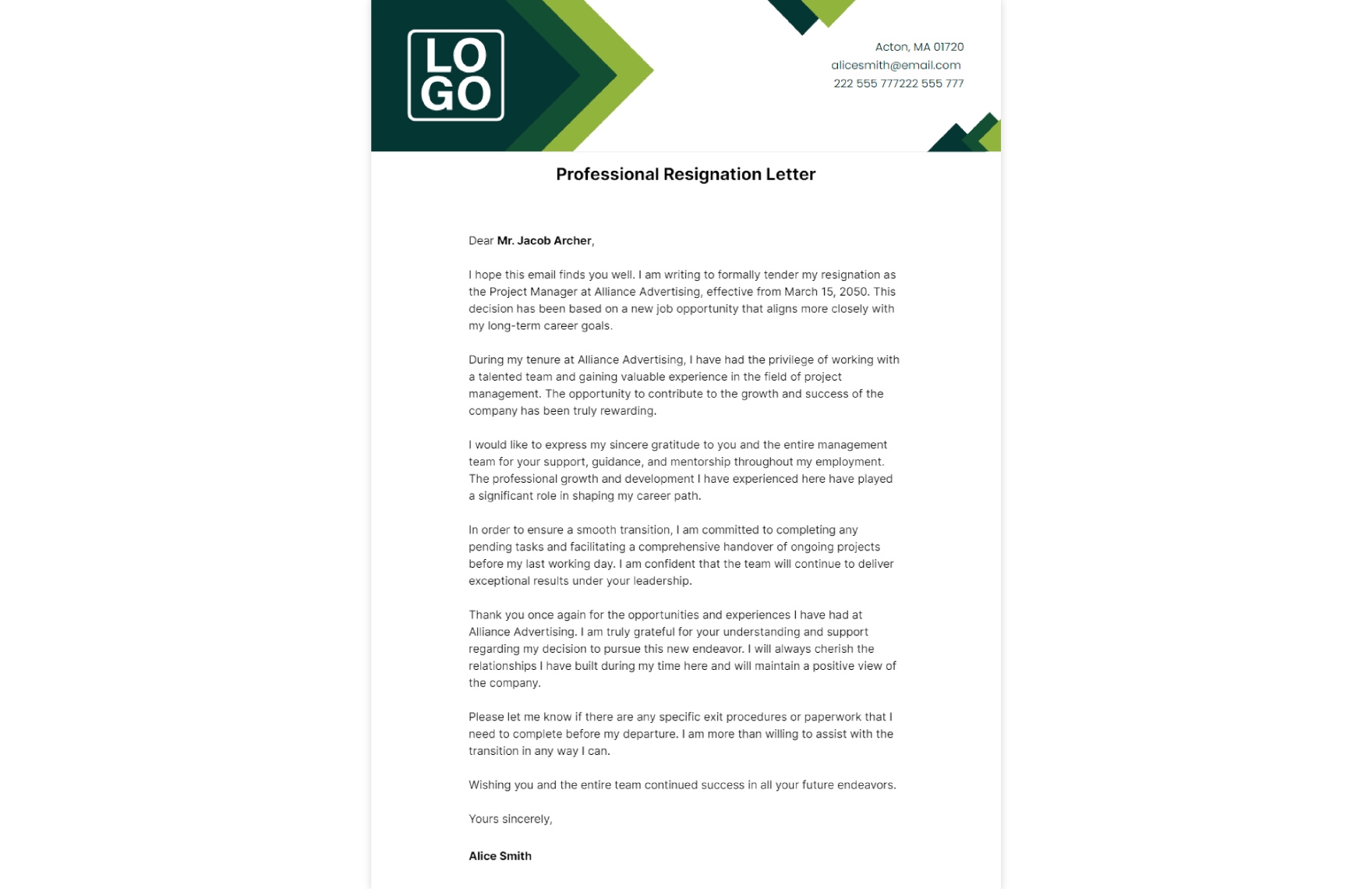 Professional Resignation Letter  Template