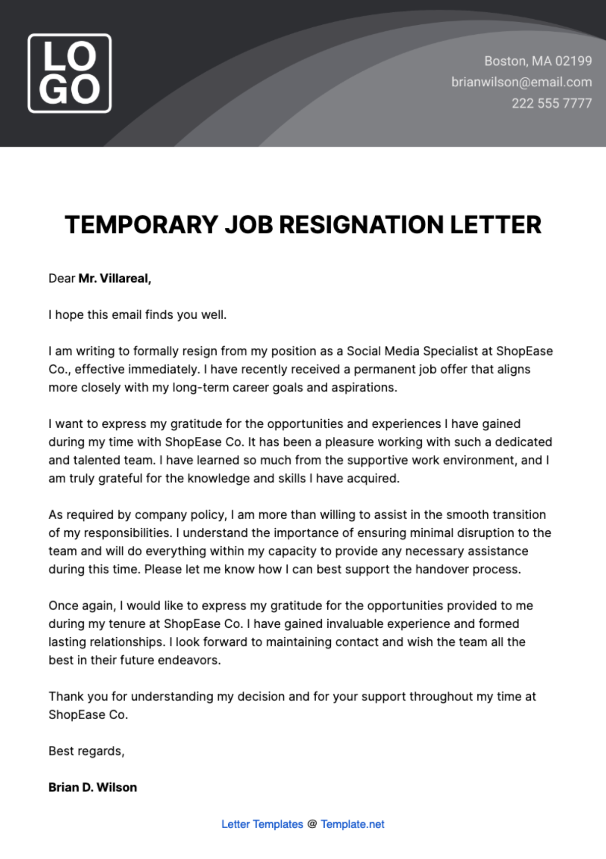 Temporary Job Resignation Letter  Template