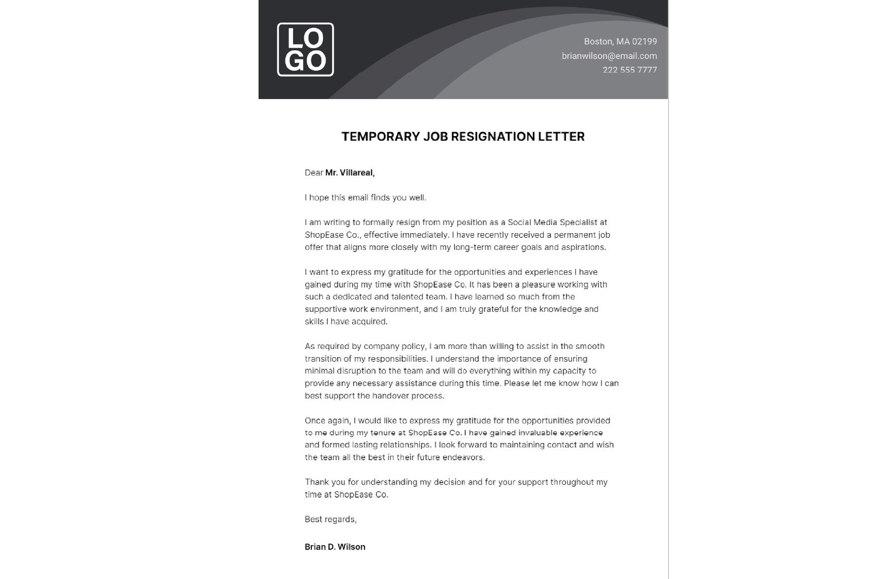 Temporary Job Resignation Letter  Template