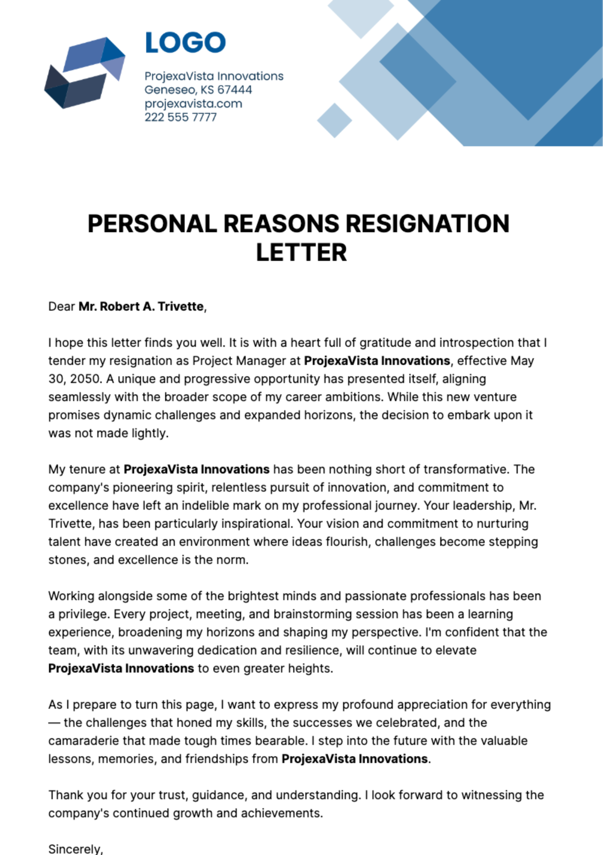 Personal Reasons Resignation Letter  Template
