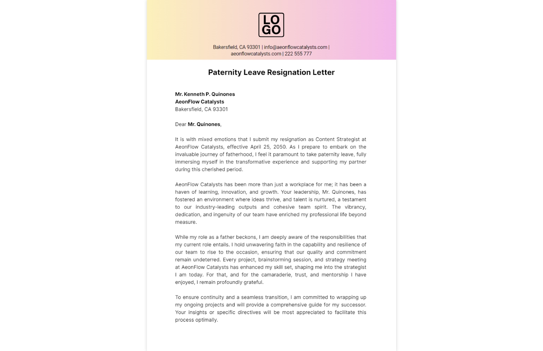 Paternity Leave Resignation Letter  Template