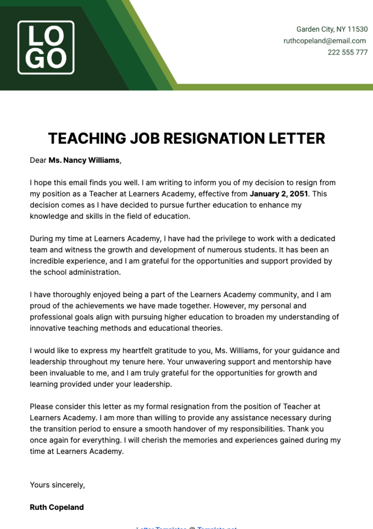 Teaching Job Resignation Letter  Template
