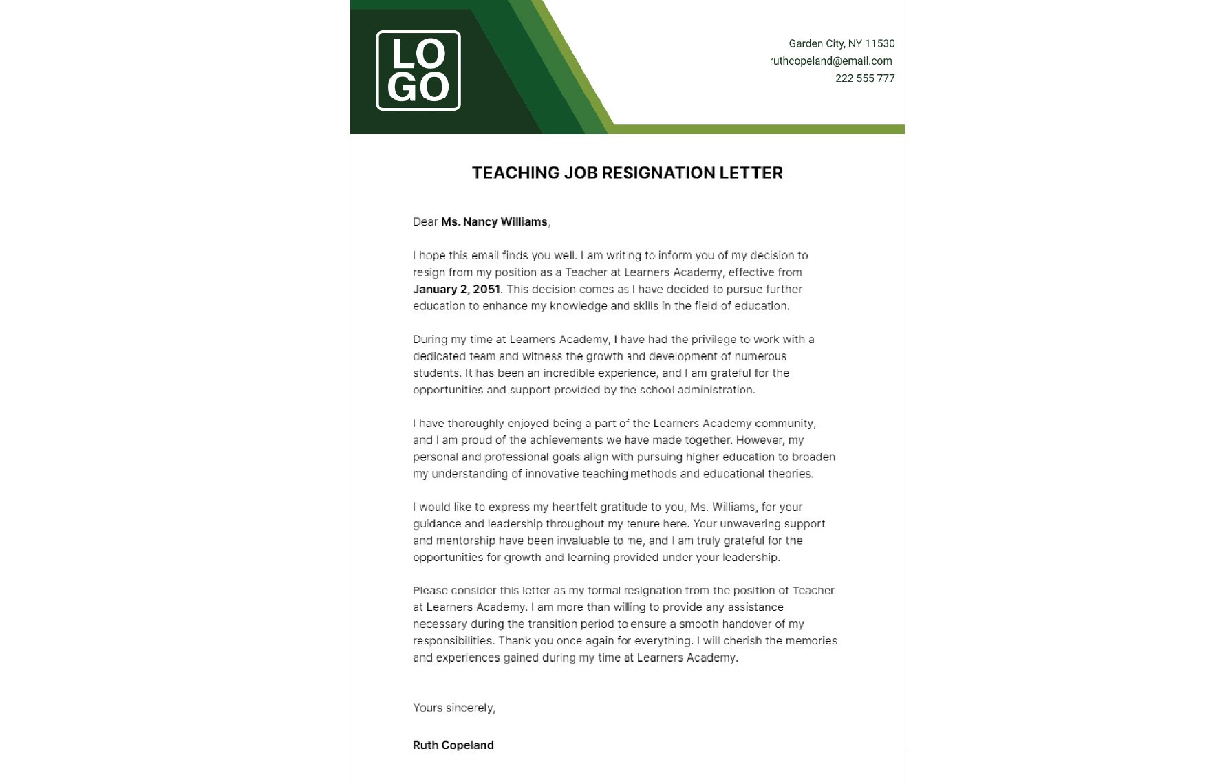 Teaching Job Resignation Letter  Template