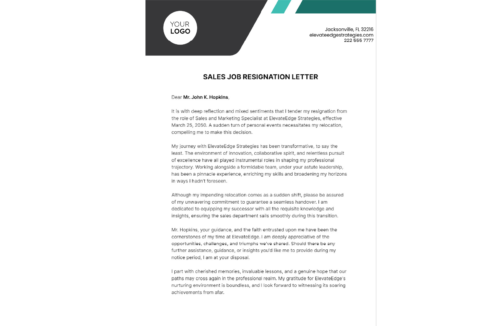 Sales Job Resignation Letter  Template