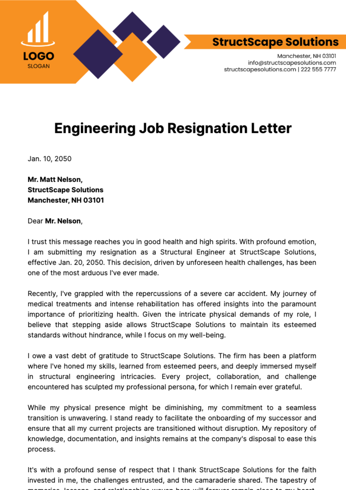 Engineering Job Resignation Letter  Template