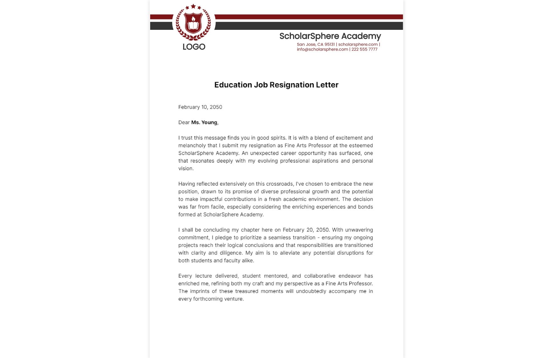 Education Job Resignation Letter Template